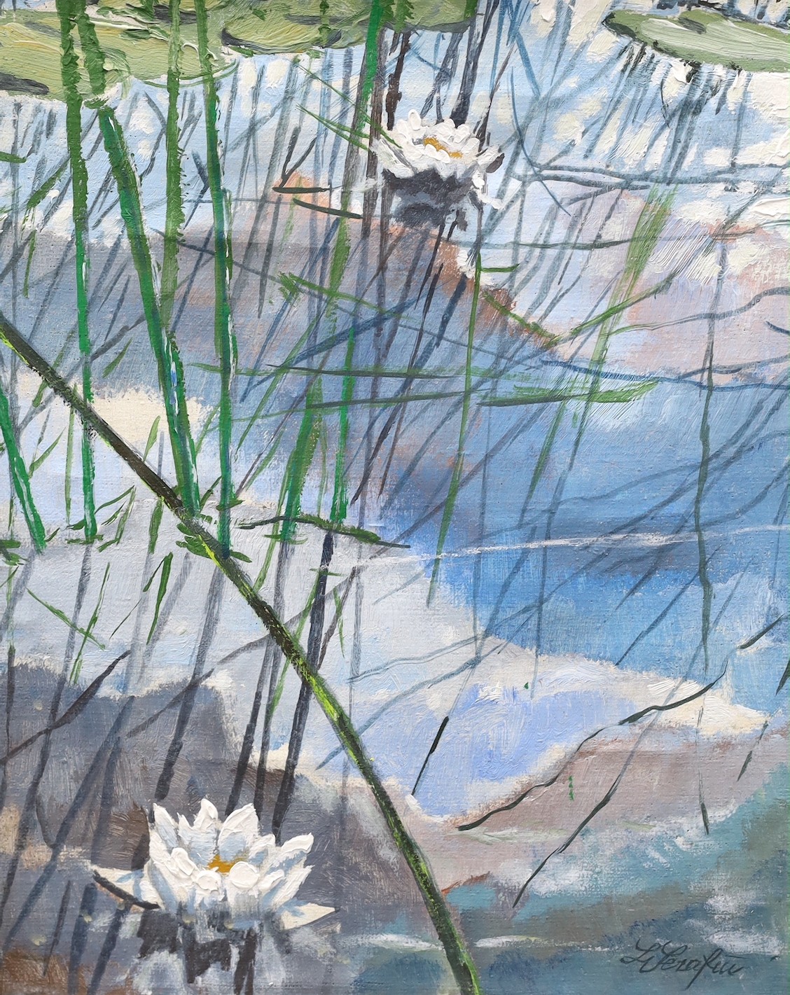 Lidia Serafin (1942-), oil on canvas, Waterlilies, signed with label verso, 41 x 33cm